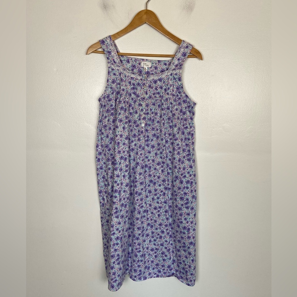 Aria Collection Floral Cotton Knit Nightgown Size M Purple Blue Patio Dress